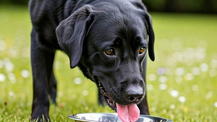 Black Labrador Retriever with a bowl on grass